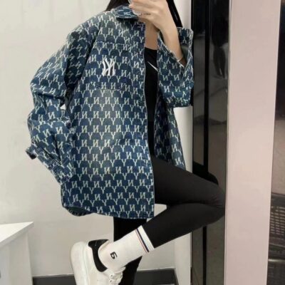 MLB Áo Sơ Mi Denim Nữ Áo Khoác Mùa Xuân Áo Khoác Nam NY Yankees Retro Full Thêu Hoa Cũ Full In Áo Sơ Mi