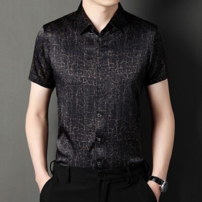 Sơ mi ngắn tay lụa dâu tằm mỏng cao cấp sơ mi nam in hình sành điệu sơ mi nửa tay lụa satin nhẹ sang trọng