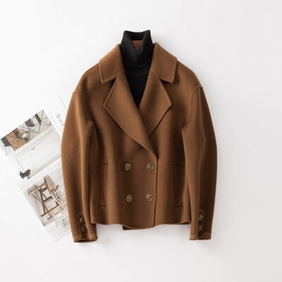 Áo khoác len cashmere hai mặt mùa xuân mới 2023 cho nữ dáng ngắn nhỏ dáng rộng Hàn Quốc thường ngày áo khoác len