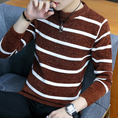 Mùa Thu Đông Mới Quần Áo Nam Nam Dệt Kim Sọc Chui Đầu Áo Len Cổ Tròn Nam Đáy Áo Len
