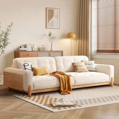 Sofa kiểu Nhật căn hộ nhỏ gỗ đặc đơn giản 3 người phong cách khúc gỗ màu kem đậu hũ vải nhung sofa