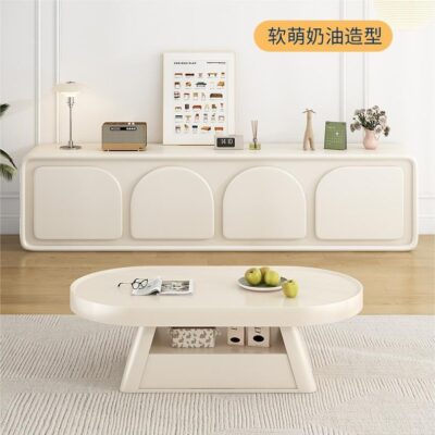 Tủ tivi màu kem gió mẫu bàn cafe âm sàn kết hợp phòng khách hiện đại đơn giản nhà chung cư nhỏ phong cách pháp 2023 mới