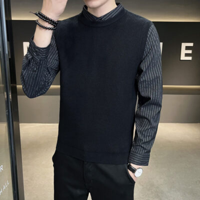 Mùa Thu Đông Slim Nam Dệt Kim Giả Áo Len Hai Mảnh Sọc Khâu Áo Vest Nam Phong Cách Hàn Quốc Cổ Sơ Mi Giản Dị Top