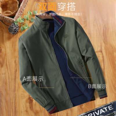 Áo khoác trung niên nam xuân thu hai mặt mặc áo khoác bông cổ đứng bố áo khoác mỏng nam cao cấp
