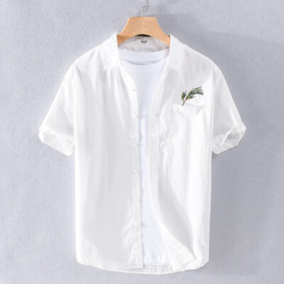 Mùa hè trắng nam sơ mi thêu thời trang văn học tươi phổ biến thoải mái nam cotton 9741