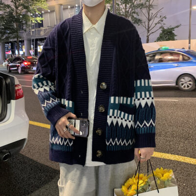 Áo len jacquard cổ chữ V đơn giản Áo cardigan nam nữ thu đông 2023 áo len dệt kim dáng rộng phối màu tương phản ấm áp