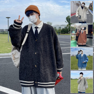 Áo Len Nam Xuân Thu Cardigan Xu Hướng Hàn Quốc Đa Năng Phong Cách Hồng Kông Dáng Rộng Thể Thao Dệt Kim Phối Nút