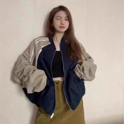 Retro Màu Sắc Tương Phản Áo Khoác Bóng Chày Nữ Mùa Xuân Và Mùa Thu 2023 Nhỏ Ngắn Cổ Áo Khoác Cardigan Áo Khoác Hàng Châu Âu