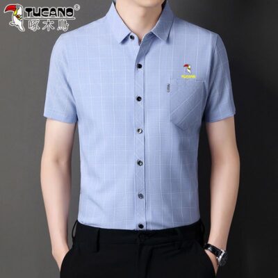 Chim Gõ Kiến Mùa Hè Nam Trung Niên Áo Sơ Mi Vải Lanh Cotton Ngắn Tay Cổ Cho Mỏng Phần Bố Áo Sơ Mi Nam