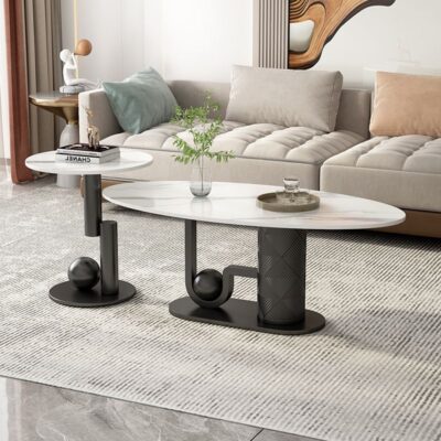 Đèn bàn cà phê sang trọng hiện đại tối giản phòng khách nhà căn hộ nhỏ hình bầu dục bề mặt sáng đá tấm bàn cà phê kết hợp bàn sofa hiện đại