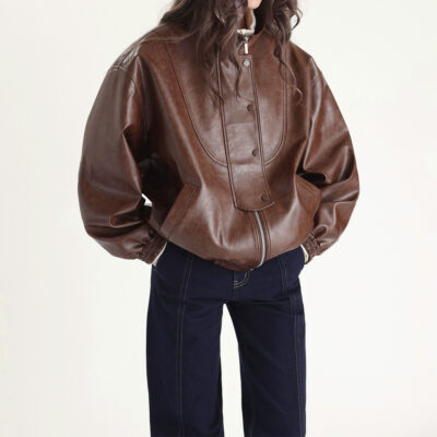 Lớp trên cùng da bò mùa xuân 2023 phong cách Mỹ retro da sáp thời trung cổ da bomber jacket áo khoác nữ