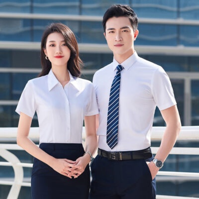 Sơ mi nam trắng ngắn tay sợi tre nam nữ cùng doanh nghiệp mặc sơ mi xanh đen nửa tay không cần ủi áo sơ mi mùa hè màu xanh nhạt