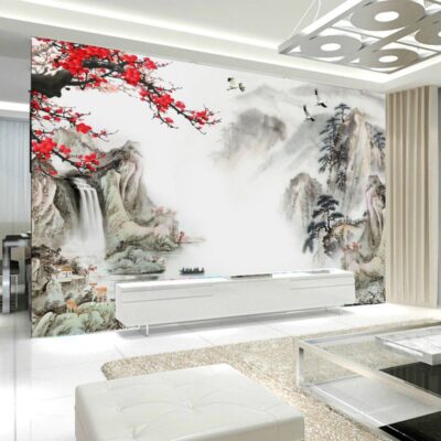 TV nền tường mới phong cách Trung Quốc quan niệm nghệ thuật bức tranh tường phong cảnh nền TV vải treo tường phòng khách 8 liền mạch dán tường trang trí