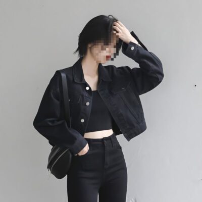 2023 phong cách retro mới dáng rộng áo khoác denim ngắn màu đen nữ phù hợp với áo khoác dài tay đầu mùa thu