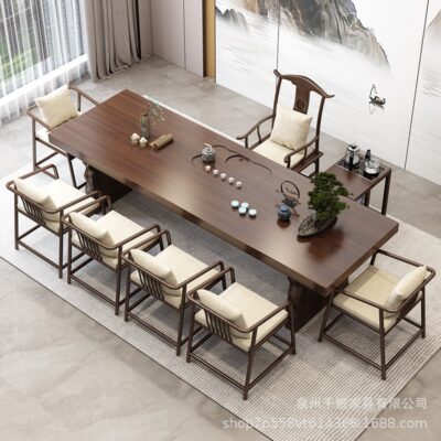 Bàn trà gỗ nguyên khối phong cách Trung Quốc mới trọn bộ phòng khách đơn giản Bàn trà tấm lớn văn phòng tại nhà Bàn trà pha trà Zen kết hợp bàn ghế