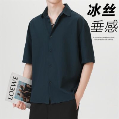 Áo sơ mi nam ngắn tay phiên bản Hàn Quốc của áo sơ mi nam lụa băng phong cách Hồng Kông áo sơ mi tay rộng ngũ quý không ủi quần áo nam chống nhăn
