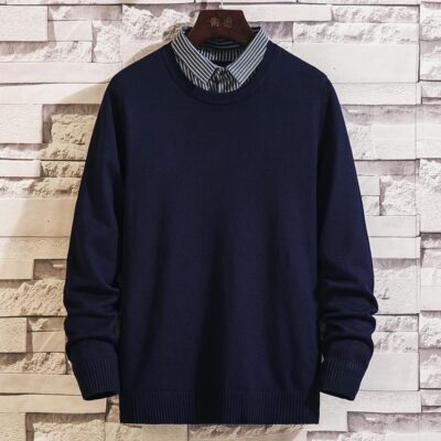 Áo hai mảnh giả mùa thu phong cách Hàn Quốc hợp thời trang nam áo len cổ sơ mi mùa thu đông tất cả các trận đấu dưới đáy hàng dệt kim lót cá tính