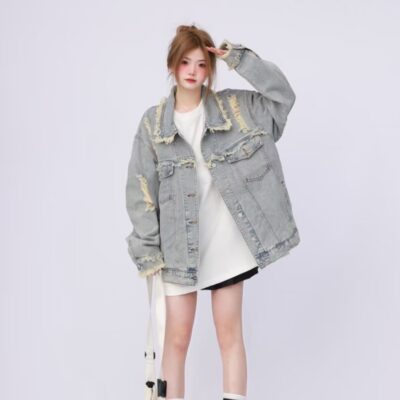 Retro thô cạnh làm cũ rách áo khoác denim nữ mùa xuân và mùa thu lỏng lẻo giản dị tất cả các trận đấu dụng cụ áo khoác thủy triều ins