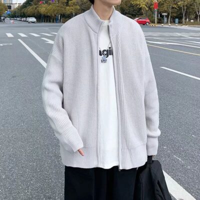 Mùa thu và mùa đông xu hướng phong cách Hồng Kông mới của nam giới cặp đôi áo len cardigan áo khoác cổ đứng dáng rộng áo len thể thao giản dị