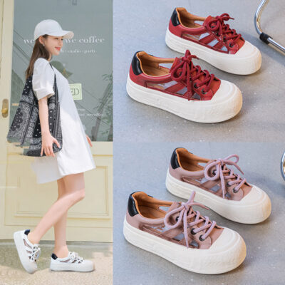 Mùa Hè 2023 Mới Dày-Đế Rỗng Cổ Xấu Dễ Thương Đầu To Buộc Dây Thoáng Khí Giày Size Lớn Giày Nữ 41-43