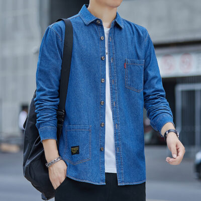 Áo sơ mi denim dài tay cotton đã giặt sạch, áo sơ mi nam dài tay hợp thời trang, đẹp trai, rộng rãi, áo sơ mi giản dị, quần áo nam