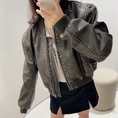 Hailey cùng phong cách giặt cũ cao cấp áo khoác da phi công nữ 23 mùa thu đông mới của Mỹ áo khoác ngắn retro