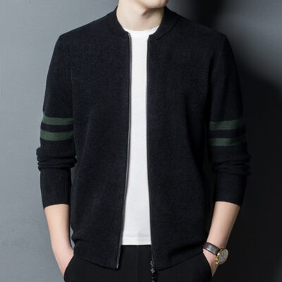 Cardigan mùa xuân và mùa thu phong cách mới cho nam giới trẻ và trung niên phong cách Hàn Quốc dây kéo cổ áo bóng chày áo dệt kim áo khoác rộng áo len thay tóc