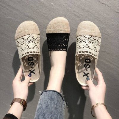 Cũ Bắc Kinh dép vải nữ vải lanh mới thoáng khí Bao Đầu nửa dép đi trong nhà trong nhà và ngoài trời dép giày lười