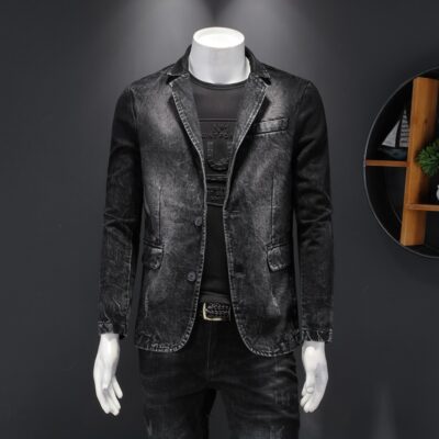 Áo khoác nam mùa xuân và mùa thu mới 2023 phù hợp với cổ áo có nút denim dáng ôm vừa vặn hợp thời trang áo khoác dài tay