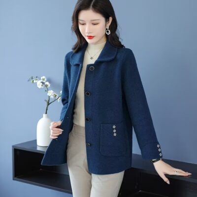 Áo khoác cashmere hai mặt màu trơn phong cách ngắn cho nữ mùa xuân và mùa thu 2023 khí chất mới mẹ phong cách nước ngoài áo khoác dệt kim nhỏ