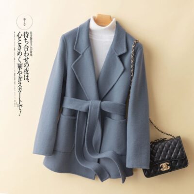 Áo khoác len nữ cashmere hai mặt Áo khoác len nữ lông cừu nguyên tấm cao cấp phong cách trẻ trung màu đen Áo khoác len nữ hai mặt