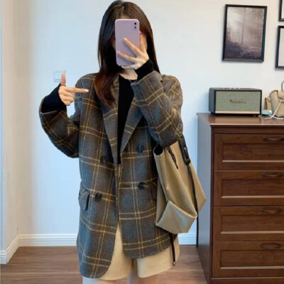 Chống mùa áo khoác len hai mặt ngắn nữ phiên bản Hàn Quốc kẻ sọc houndstooth nhỏ phù hợp với áo khoác len rời bán buôn