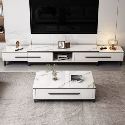 Kết hợp tủ tivi đá phiến Tủ tivi gỗ nguyên khối phòng khách bàn cà phê 2023 nhà mới đèn sang trọng màu đỏ phong cách châu Âu