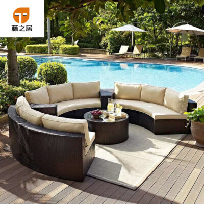 Sofa mây tròn ghế mây bán nguyệt sân giải trí mây sân thượng vườn cong phòng khách bàn ghế ngoài trời kết hợp