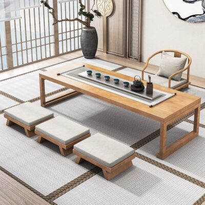 Bàn trà gỗ đặc phong cách Nhật Bản và ghế kết hợp chiếu tatami kang Bàn trà ban công ngồi sàn Bàn trà phòng trà dài Zen thấp Bàn trà