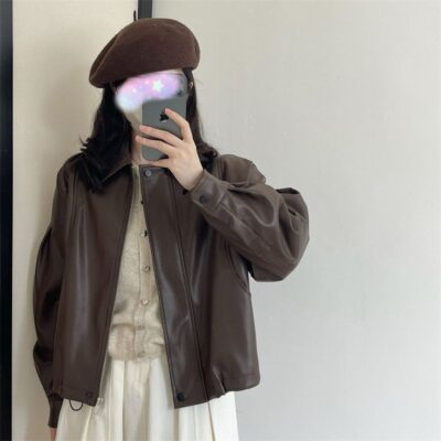 Mùa Xuân Và Mùa Thu 2023 Nhật Bản Mới Retro Lưng Điện Đơn Áo Khoác Da Nữ Da PU Áo Khoác Dài Tay Triều