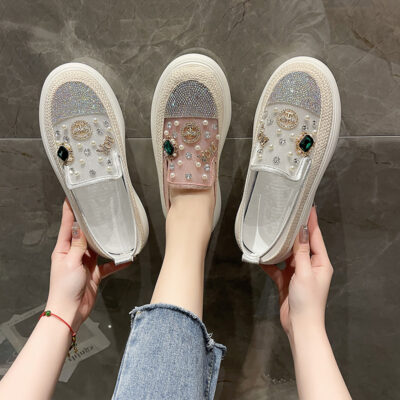 Mùa Hè 2023 Lưới Cho Nữ Ren Đính Hạt Thoáng Khí Người Cá Giày Đế Dày Muffin Đáy Giày Đơn Nữ