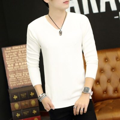 Mùa thu áo sơ mi nhỏ thu đông áo len nam cổ chữ V mỏng phiên bản Hàn Quốc áo len đáy học sinh cộng với áo len cổ tròn nhung