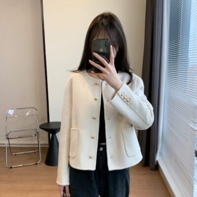 Chống mùa phúc lợi phong cách nước ngoài lông thỏ Angora hai mặt thủ công len thơm áo khoác gió thu đông 23 mới 401596