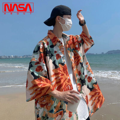 NASA Áo Sơ Mi Hoa Nam Mùa Hè Băng Lụa Mỏng Rộng Size Lớn Áo Sơ Mi Ngắn Tay Mỹ Triều Thương Hiệu Áo Khoác Nam