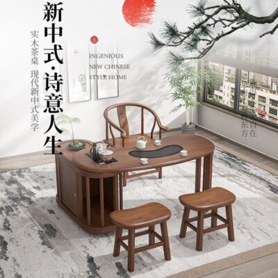 Bàn trà và ghế kết hợp Bàn trà gỗ nguyên khối Bàn trà di động một căn hộ nhỏ Bàn trà đặt bàn cà phê kiểu Trung Quốc mới
