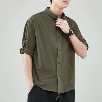 Áo sơ mi nam cotton và vải lanh mùa hè ngắn tay giản dị bảy điểm màu trơn mùa hè phiên bản Hàn Quốc của xu hướng áo sơ mi nam ngắn tay mỏng.