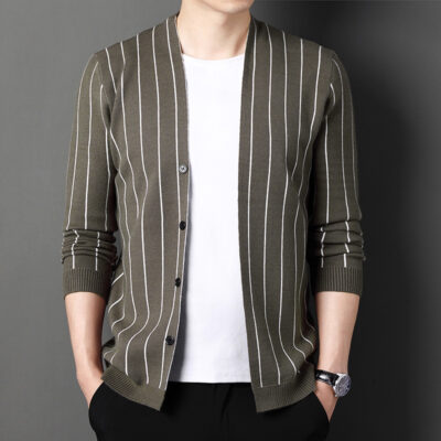 Mùa Thu Áo Len Cardigan Nam Dệt Kim Áo Khoác Sọc Dọc Hợp Thời Trang Mỏng Phần Trẻ Trung Phong Cách Hàn Quốc Mặc Bên Ngoài Áo Len