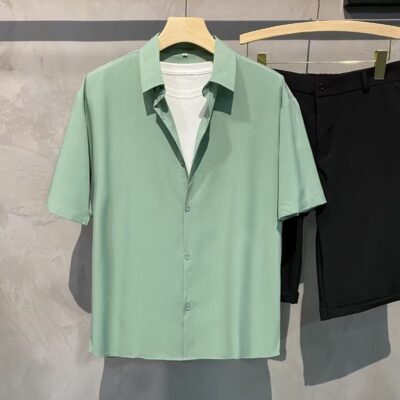 Ice Silk Co Giãn Liền Mạch Size Lớn Nam Công Sở Áo Sơ Mi Sọc Tay Ngắn Nổ Mùa Hè Kinh Doanh Ánh Sáng Không Sắt Sự Nghiệp