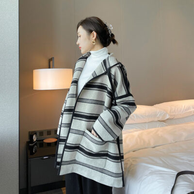 "Amphiona" San Carlo Bức Thư Tình Áo Khoác Len Sọc Có Mũ Mùa Thu Đông Nữ Áo Khoác Cardigan Áo Khoác