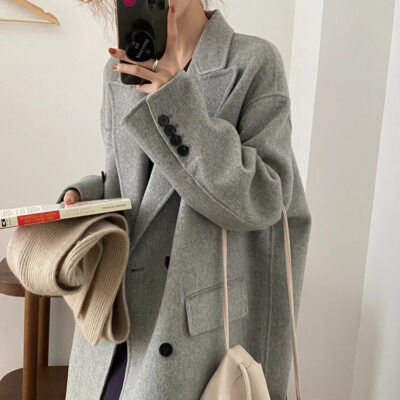 HANSU Xám Cashmere 2 Mặt Dài Phù Hợp Với Áo Khoác Cashmere 2 Mặt Nữ Mùa Đông Phong Cách Hot 8805
