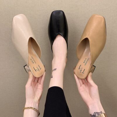 Giày đi trong phòng thử đồ của phụ nữ Người nổi tiếng trên Internet giày lười nửa đầu Bao Đầu thời trang phù hợp với tất cả phụ nữ màu đen xăng đan gót vuông mũi nhọn và dép đi trong nhà