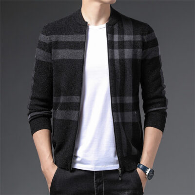 Mùa Xuân Năm 2021 Mùa Thu Đông Dày Dệt Kim Cardigan Nam Plus Kích Thước Cổ Kẻ Sọc Cổ Bóng Chày Mỡ Áo Len Áo Khoác Áo Khoác