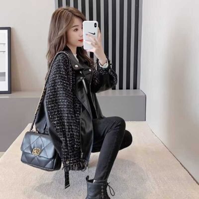 Áo khoác tua rua đường phố chiên mùa xuân và mùa thu mới của phụ nữ phù hợp với áo khoác da màu đen cỡ lớn dày nhỏ áo khoác gió dụng cụ thơm hợp thời trang