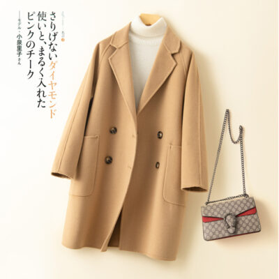 Áo khoác cashmere hai mặt dài vừa phải cho nữ phong cách Hàn Quốc dáng rộng phong cách Hepburn len hai mặt áo khoác len thủ công